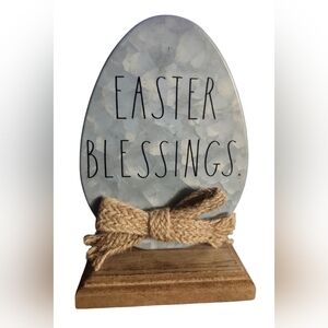 Rae Dunn Rustic "Easter Blessings" Decorative Metal Egg On Wooden Base NWOT